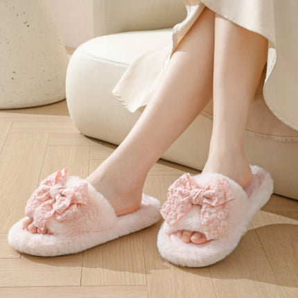 Cotton Slippers Women Autumn And Winter Home Plush Wind Bow Soft Bottom Indoor Outdoor Wear Slippers Fluffy Memory Foam Fur Furry Womens Slippers Cozy Warm Fur Bedroom Slippers