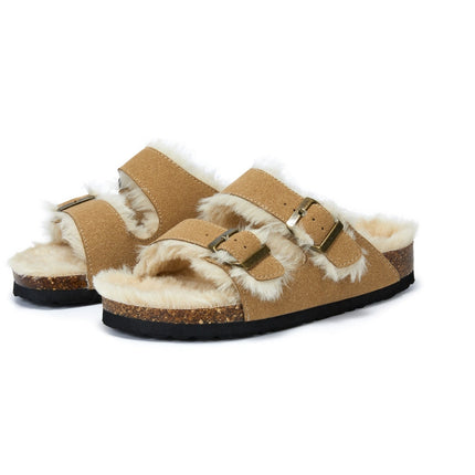 New Cotton Wool Shoes Double Buckle Belt Wool Shoes Indoor Outdoor Wear Warm Slippers Comfy Soft Women Slippers Fur Lined Orthopedic Indoor House Shoes With Adjustable Buckle