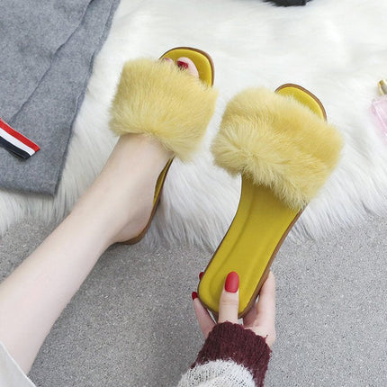 Fashion Fur Flat Women's Slippers Plus Size Spring Summer Fluffy Fur Slippers Shoes Woman Plush Fur Slip On Flip Flop Flat Furry Fur Slides Outdoor Sandals Furry Slides Summer Sandals Open Toe Indoor Outdoor Fluffy Slides