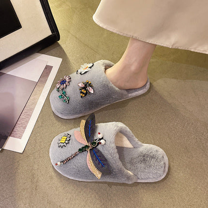 Winter Woman Warm Home Slippers Women Diamond Flip Flops Fur Slides Anti-slip Indoor Slippers Slip On Bedroom Shoes Memory Foam Wool Lining Indoor Ourdoor Non Skid Slippers