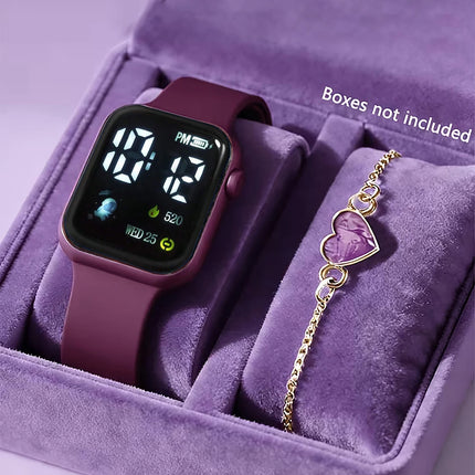 2-Piece Set, Children's Silicone Strap Led Electronic Watch with Heart Bracelet, Casual and Simple, Suitable for Daily Wear and Shopping, an Excellent Gift for Her.