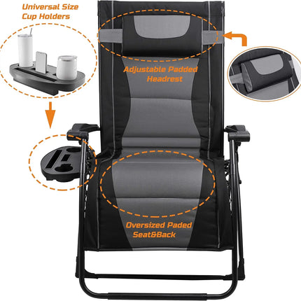 XXL Oversize Recliner Folding Chair for Camping Patio Outdoors Zero Gravity Extra Wide Reclining Padded Seats with Sunshade and