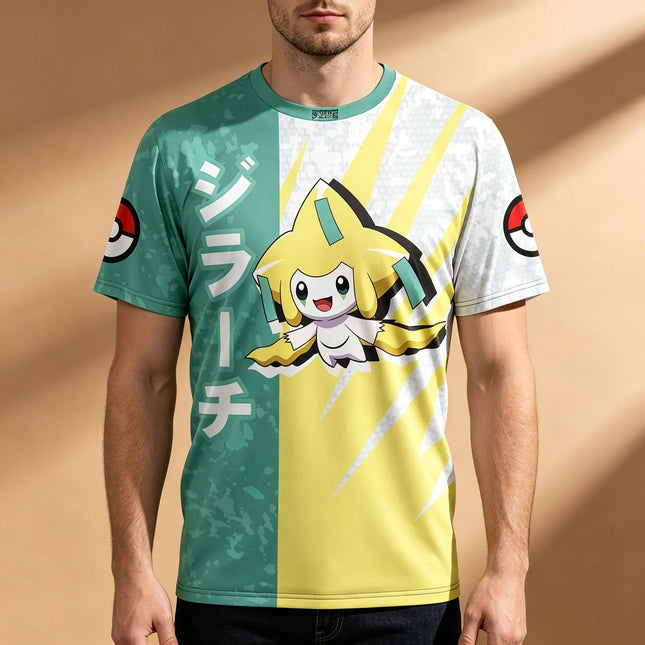 Camiseta de hombre con estampado completo Jirachi de Pokémon, texto japonés, color dividido, transpirable, de secado rápido, cuello redondo de alta elasticidad, estilo anime urbano