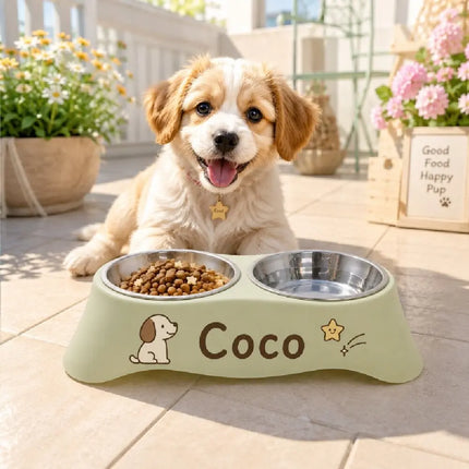 Custom Personalized Pet Name Dual Bowl Anti-Tip Spillproof PP Feeding Station Easy Clean Food Water Bowl for Dogs Cats