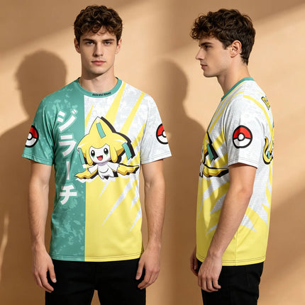 Men's Pokemon Jirachi Japanese Text Split Color Full Print T-Shirt, Breathable Quick Dry High Elastic Crew Neck Anime Streetwear
