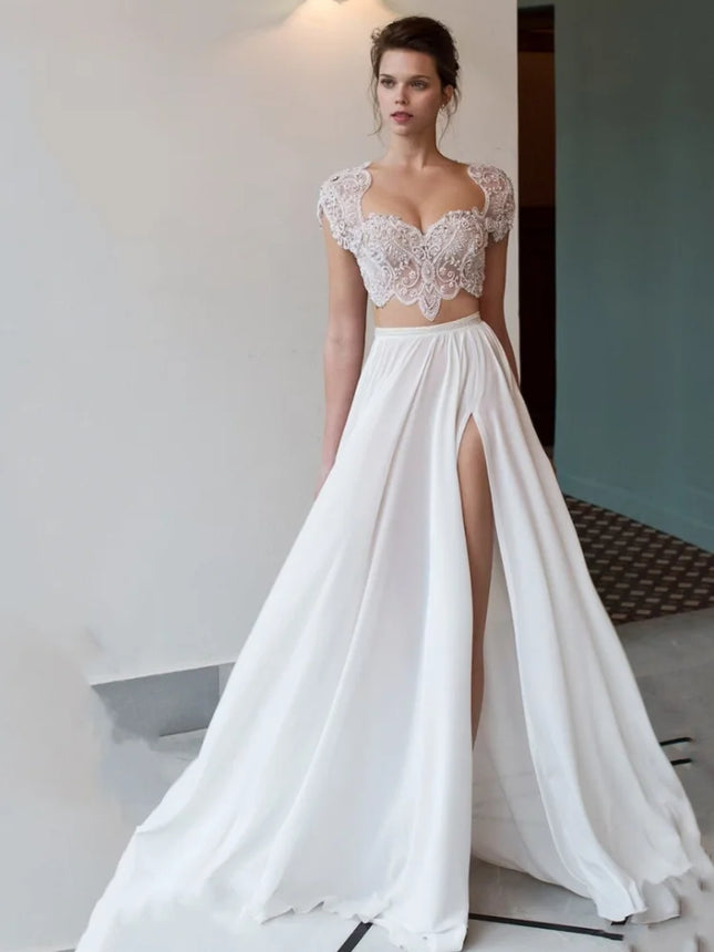 Boho Chiffon A-Linien Brautkleid mit seitlichem Schlitz Ärmelloses Sweetheart Brautkleid für Damen Strand Vestido De Noiva