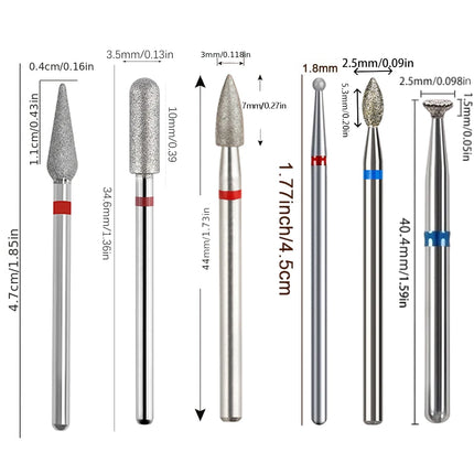 6 pcs Diamond Nail Drill Bits, Spherical and Cylindrical Gel Nail Polish Removers and Polishing Tools