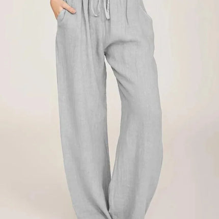 Women's Cotton Linen Pants Casual Loose Solid Elastic Waist Pocket Straight Trousers Ladies Oversize Wide Leg Pant Streetwear