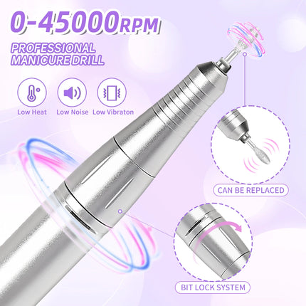 45000RPM Nail Drill Machine Portable Nail Polisher Low Voice Electric Professional Nail Lathe with HD LCD Display