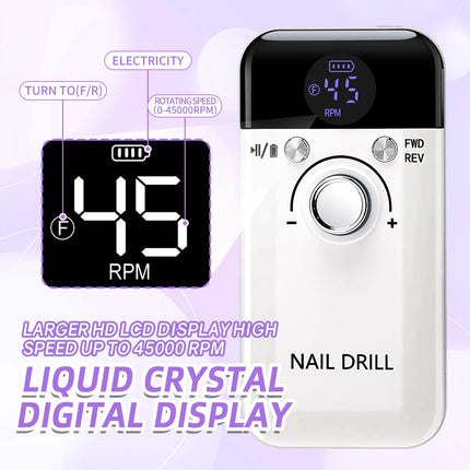 45000RPM Nail Drill Machine Portable Nail Polisher Low Voice Electric Professional Nail Lathe with HD LCD Display