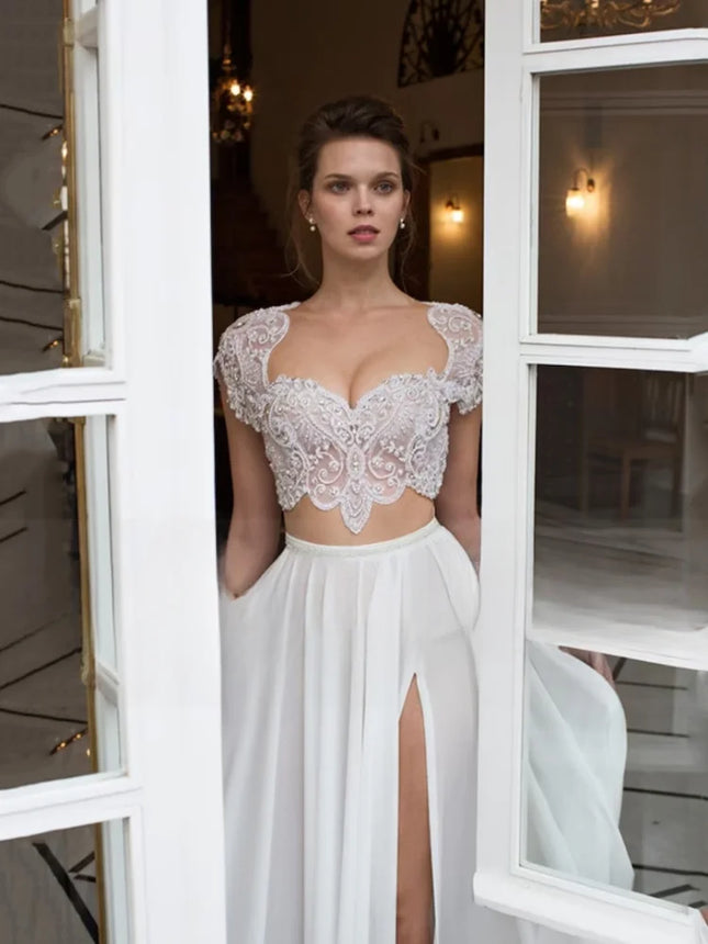 Boho Chiffon A-Linien Brautkleid mit seitlichem Schlitz Ärmelloses Sweetheart Brautkleid für Damen Strand Vestido De Noiva