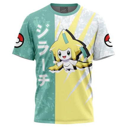 Men's Pokemon Jirachi Japanese Text Split Color Full Print T-Shirt, Breathable Quick Dry High Elastic Crew Neck Anime Streetwear