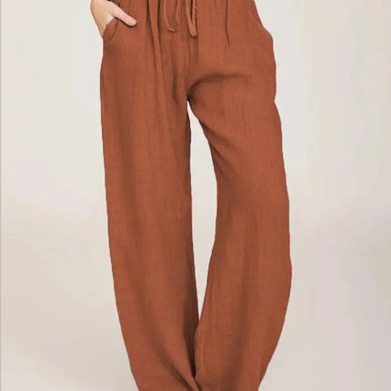 Women's Cotton Linen Pants Casual Loose Solid Elastic Waist Pocket Straight Trousers Ladies Oversize Wide Leg Pant Streetwear