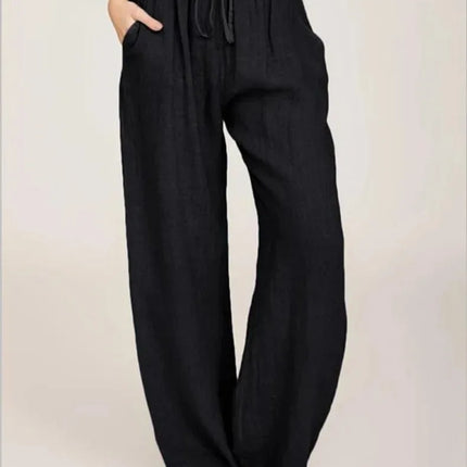 Women's Cotton Linen Pants Casual Loose Solid Elastic Waist Pocket Straight Trousers Ladies Oversize Wide Leg Pant Streetwear