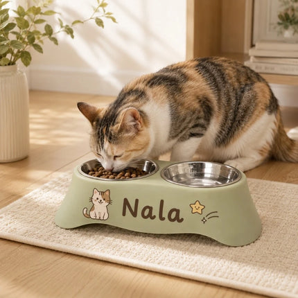 Custom Personalized Pet Name Dual Bowl Anti-Tip Spillproof PP Feeding Station Easy Clean Food Water Bowl for Dogs Cats