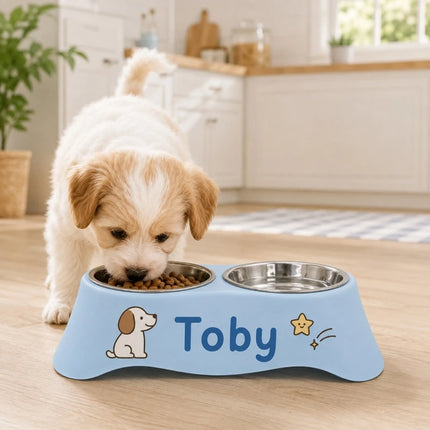 Custom Personalized Pet Name Dual Bowl Anti-Tip Spillproof PP Feeding Station Easy Clean Food Water Bowl for Dogs Cats