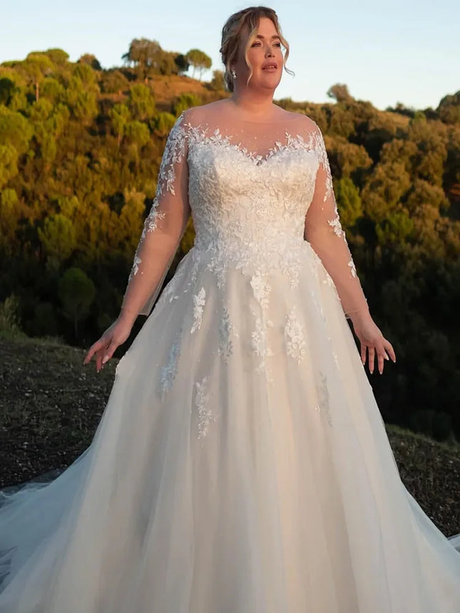 Elegantes A-Linien-Brautkleid in Übergröße, O-Ausschnitt, lange Ärmel, Applikationen, bodenlang, Brautkleid, Hochzeitskleid, individuell anpassbar