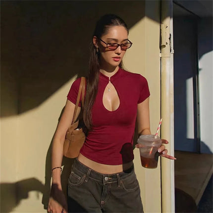 Elegant Mandarin Collar Short Sleeves Tee Chinese Style Knot Button Hollow Out Front T-Shirt Y2K Party Street Summer Clothes Top