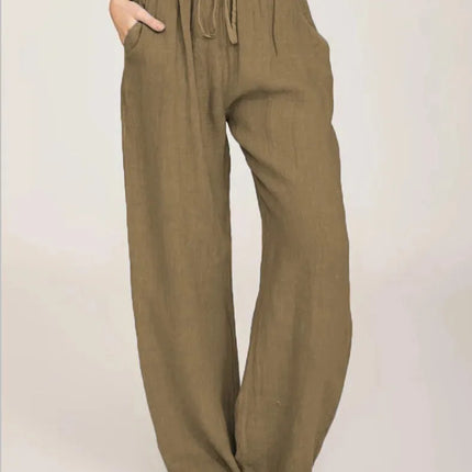 Women's Cotton Linen Pants Casual Loose Solid Elastic Waist Pocket Straight Trousers Ladies Oversize Wide Leg Pant Streetwear