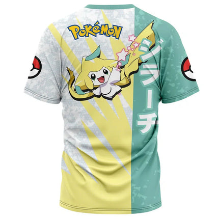Men's Pokemon Jirachi Japanese Text Split Color Full Print T-Shirt, Breathable Quick Dry High Elastic Crew Neck Anime Streetwear