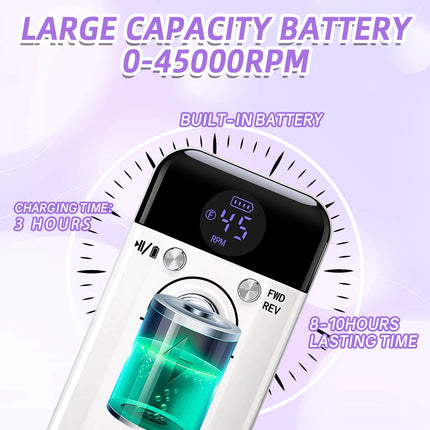 45000RPM Nail Drill Machine Portable Nail Polisher Low Voice Electric Professional Nail Lathe with HD LCD Display