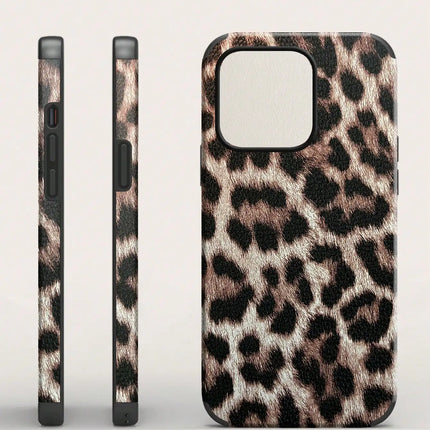 1 Leopard Print Pu Leather Anti-Fall and Shock-Proof Belt Spin Design Leather Craft Mobile Phone Soft Case Suitable for iPhone