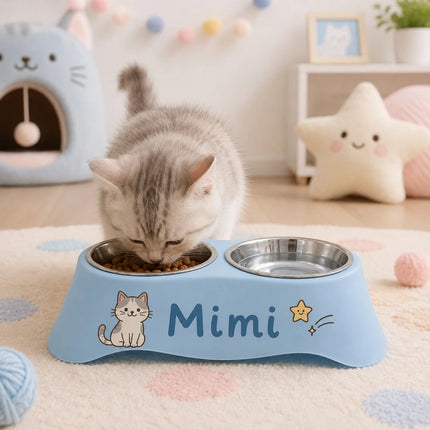 Custom Personalized Pet Name Dual Bowl Anti-Tip Spillproof PP Feeding Station Easy Clean Food Water Bowl for Dogs Cats