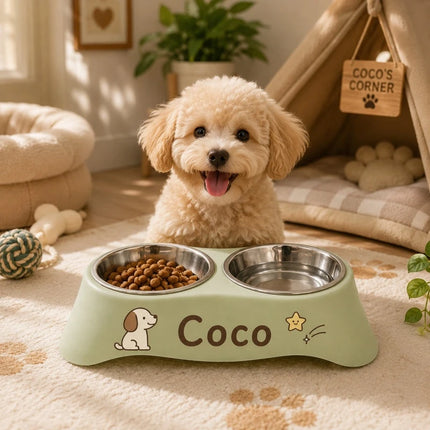 Custom Personalized Pet Name Dual Bowl Anti-Tip Spillproof PP Feeding Station Easy Clean Food Water Bowl for Dogs Cats