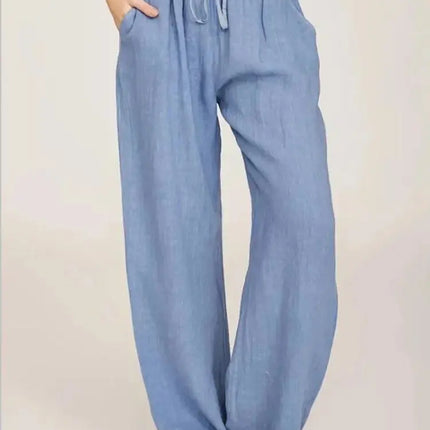 Women's Cotton Linen Pants Casual Loose Solid Elastic Waist Pocket Straight Trousers Ladies Oversize Wide Leg Pant Streetwear