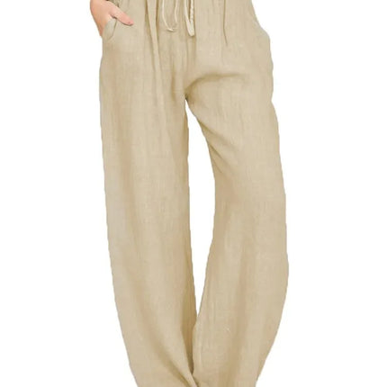 Women's Cotton Linen Pants Casual Loose Solid Elastic Waist Pocket Straight Trousers Ladies Oversize Wide Leg Pant Streetwear