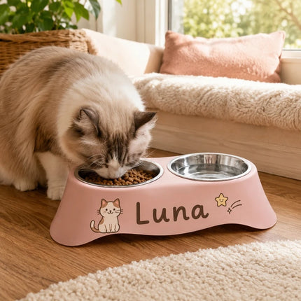 Custom Personalized Pet Name Dual Bowl Anti-Tip Spillproof PP Feeding Station Easy Clean Food Water Bowl for Dogs Cats