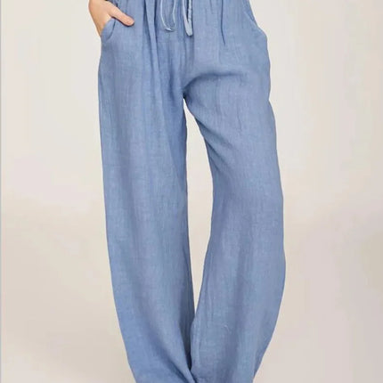 Women's Cotton Linen Pants Casual Loose Solid Elastic Waist Pocket Straight Trousers Ladies Oversize Wide Leg Pant Streetwear