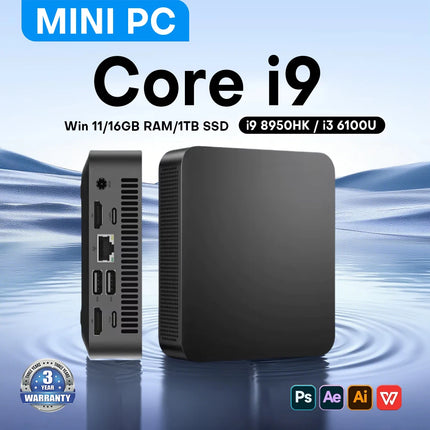 New Windows 11 Pro Portable Mini PC Gamer Core i9 8950HK i3 6100 Mini Computer 16GB RAM 1TB SSD 1000M Ethernet Gaming PC Desktop