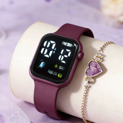 2-Piece Set, Children's Silicone Strap Led Electronic Watch with Heart Bracelet, Casual and Simple, Suitable for Daily Wear and Shopping, an Excellent Gift for Her.