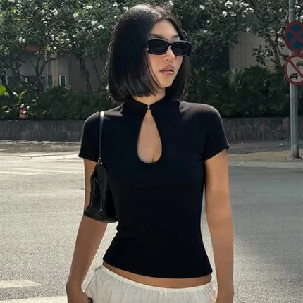 Elegant Mandarin Collar Short Sleeves Tee Chinese Style Knot Button Hollow Out Front T-Shirt Y2K Party Street Summer Clothes Top
