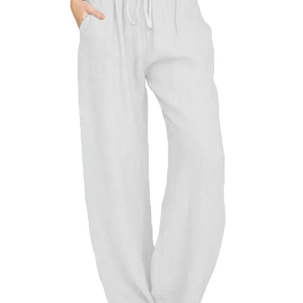 Women's Cotton Linen Pants Casual Loose Solid Elastic Waist Pocket Straight Trousers Ladies Oversize Wide Leg Pant Streetwear