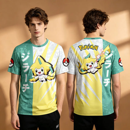 Men's Pokemon Jirachi Japanese Text Split Color Full Print T-Shirt, Breathable Quick Dry High Elastic Crew Neck Anime Streetwear