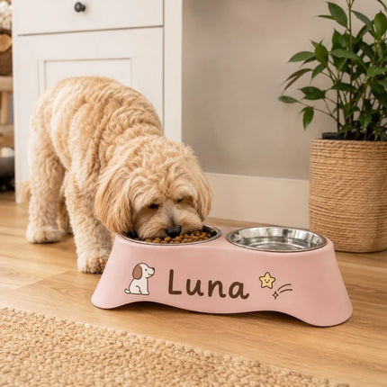 Custom Personalized Pet Name Dual Bowl Anti-Tip Spillproof PP Feeding Station Easy Clean Food Water Bowl for Dogs Cats