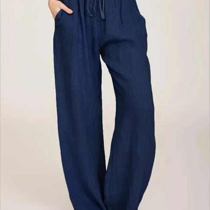 Women's Cotton Linen Pants Casual Loose Solid Elastic Waist Pocket Straight Trousers Ladies Oversize Wide Leg Pant Streetwear