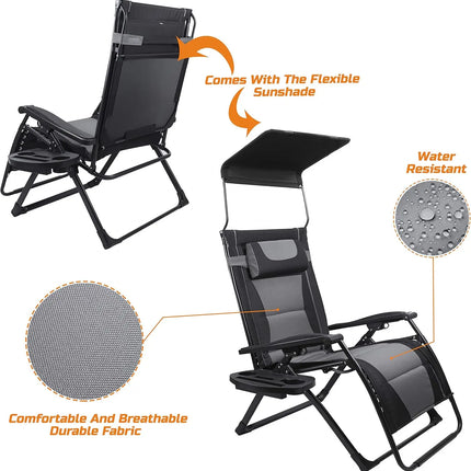 XXL Oversize Recliner Folding Chair for Camping Patio Outdoors Zero Gravity Extra Wide Reclining Padded Seats with Sunshade and