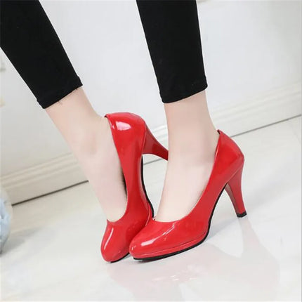 New Women Pumps Shoes Women PU Leather Shallow Slip-On Round Toe High heels Shoes Wedding Party Derss Shoes Mujer Size 34-42