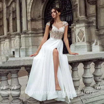 SoDigne Boho Wedding Dress 2022 Simple Side Slit Lace Backless Bridal Gown V-neck Beach Wedding Dresses Plus Size Customized