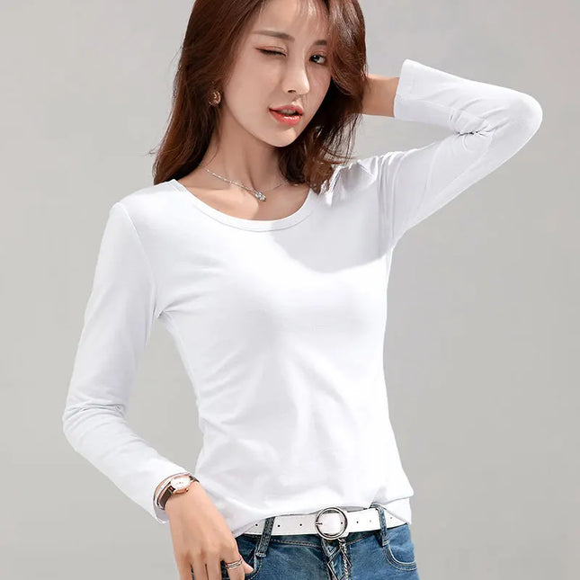 Brand T-shirt Slim Pure Cotton 95% T-shirt Long-sleeved for Thin White Tops Woman Tees Shirt