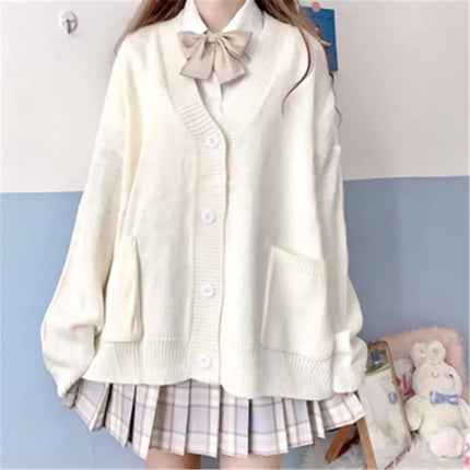 2026 Autumn Winter V-neck Cotton Knitted Sweater Uniform Cardigan Multicolor Women's Wear Japanese Style Sweater Tops