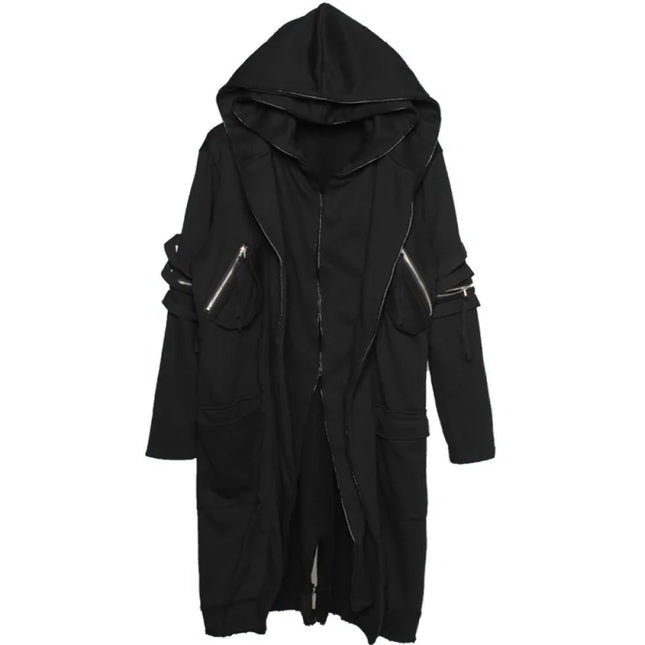 Herren Fake zwei Trench Jacket Windbreaker Herren Gothic Punk Streetwear Lange Jacke Mäntel Funktion Hoody Kleidung Schwarz