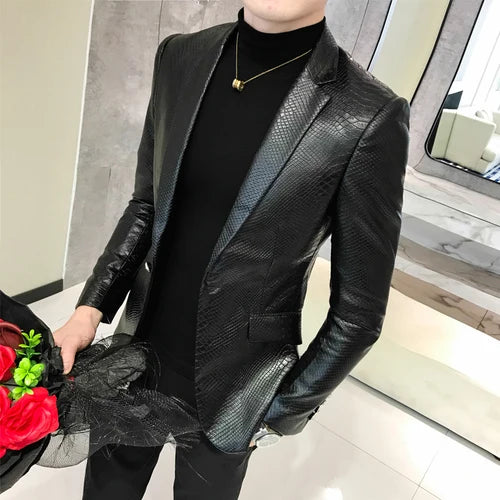 Blazers Ajustados para Hombre Chaquetas de Cuero PU Trajes Abrigos Hombres Chaquetas de Cuero Abrigos Casuales de Negocios para Hombre Blazers Talla 4XL
