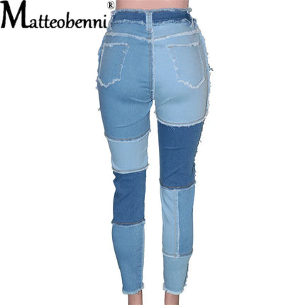 2025 New Women's Patchwork Slim Fit Denim Pencil Pants Stretch Color Block Fringed Trim Butt-Lift Skinny High Waist Jeans Pants