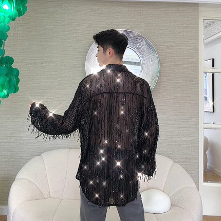 Summer Shiny Sequined Shirts Men's Fashion Bling Tassel Long Sleeve Shirt Nightclub DJ Singer Stage Costume Oversized Blouse
