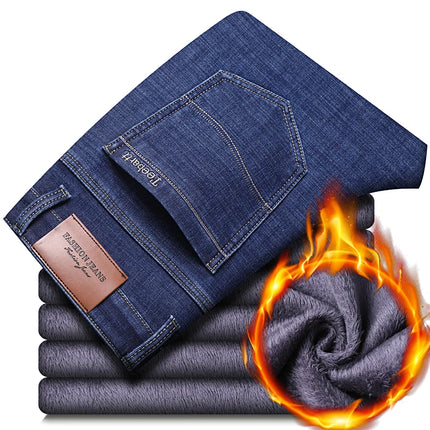 2024 New Jeans Brand Autumn Winter Jeans Warm Flocking Warm Soft Men Activities Warm Fleece Men Jeans Black Blue  Colors