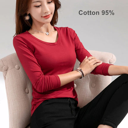 Brand T-shirt Slim Pure Cotton 95% T-shirt Long-sleeved for Thin White Tops Woman Tees Shirt